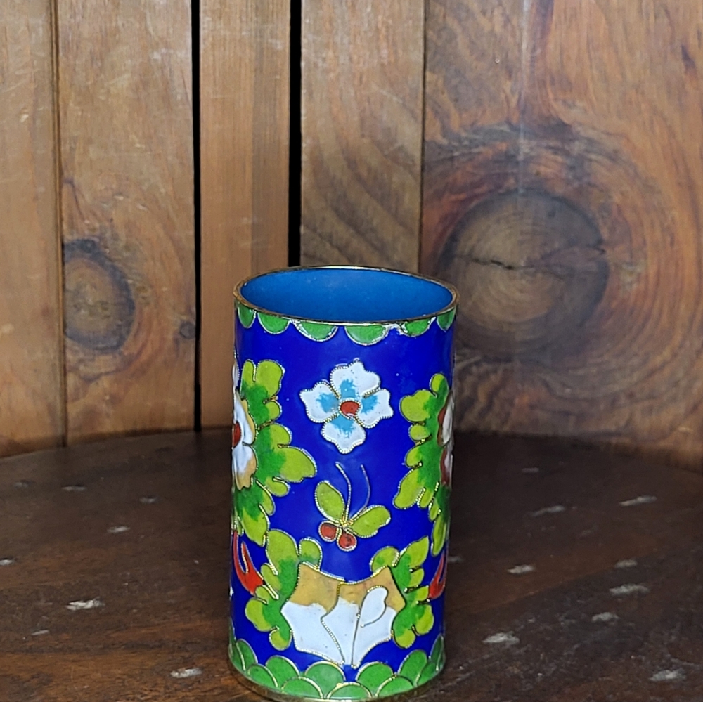 Floral Blue and Green Cloisonné Vase - Picture 6 of 14